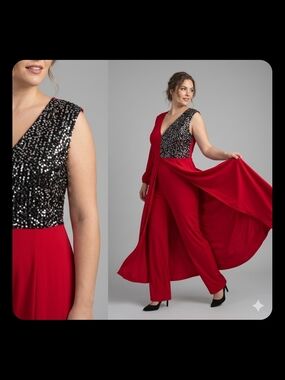 Stunning Red Sequin One-Sleeve Jumpsuit with Skirt Overlay - XL - Never Worn